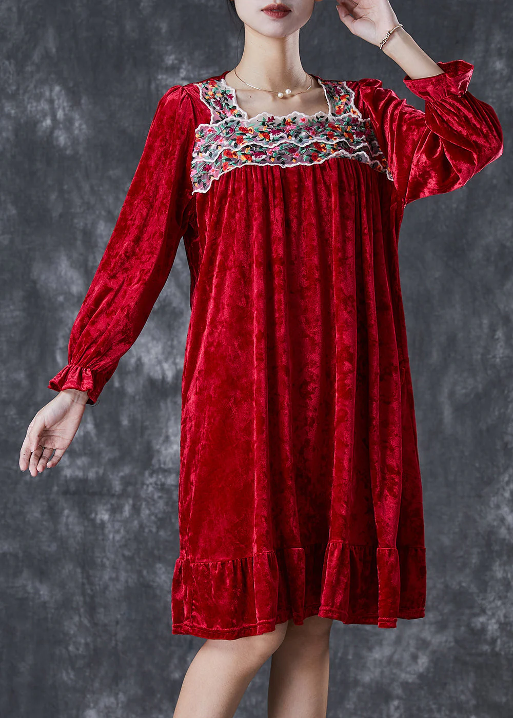 Red Silk Velour Holiday Dress Square Collar Embroidered Fall - Image 2