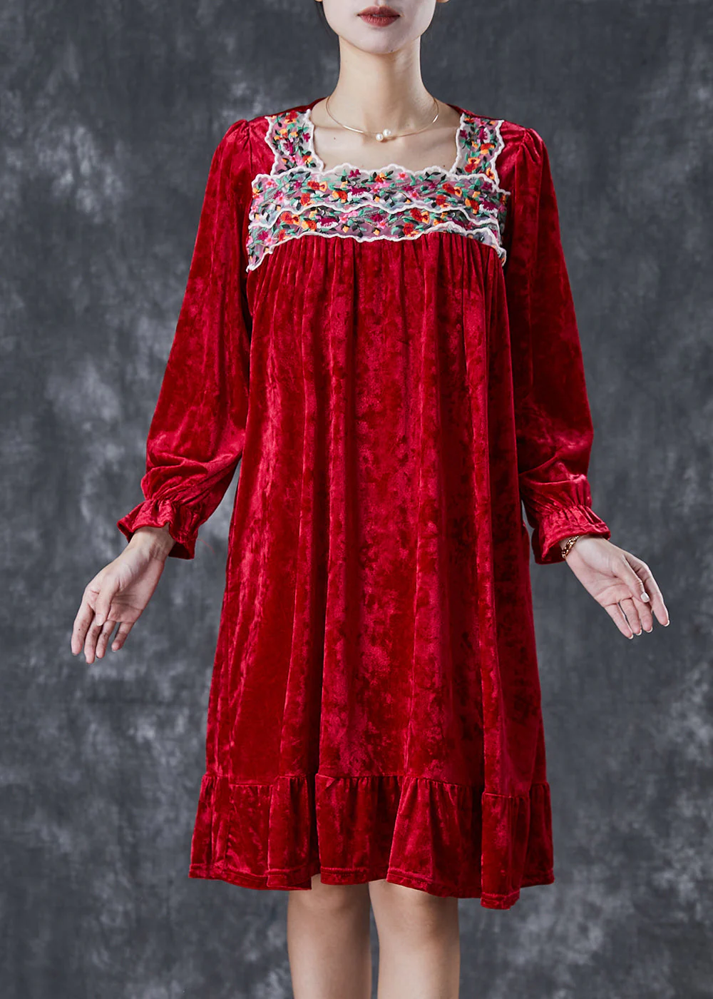 Red Silk Velour Holiday Dress Square Collar Embroidered Fall - Image 3