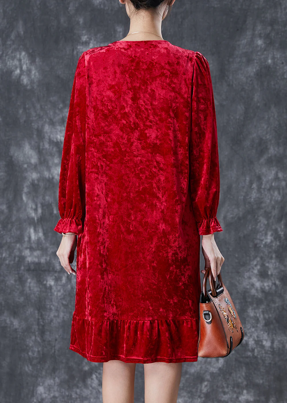 Red Silk Velour Holiday Dress Square Collar Embroidered Fall - Image 4