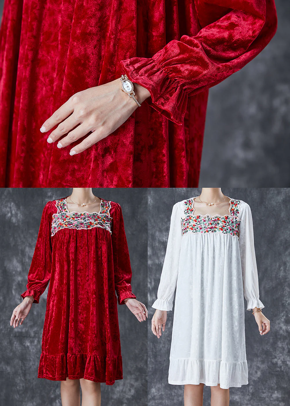 Red Silk Velour Holiday Dress Square Collar Embroidered Fall - Image 5