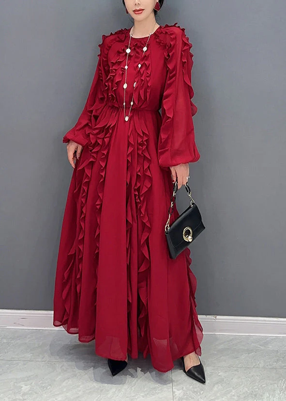 Red Slim Fit Chiffon Long Dresses O-Neck Ruffles Spring - Image 2