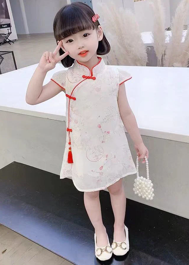 Red Stand Collar Button Silk Kids Mid Dress Summer - Image 2
