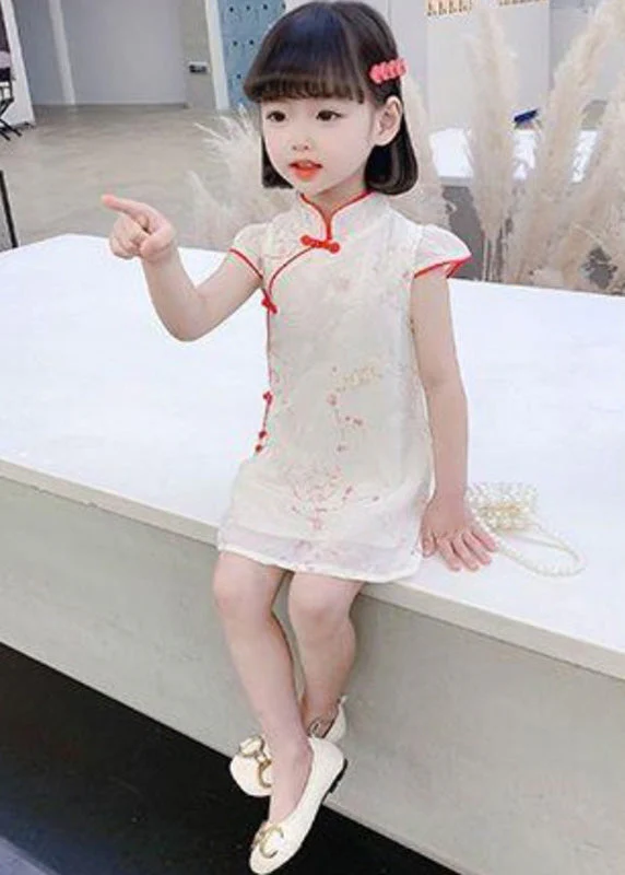 Red Stand Collar Button Silk Kids Mid Dress Summer - Image 3