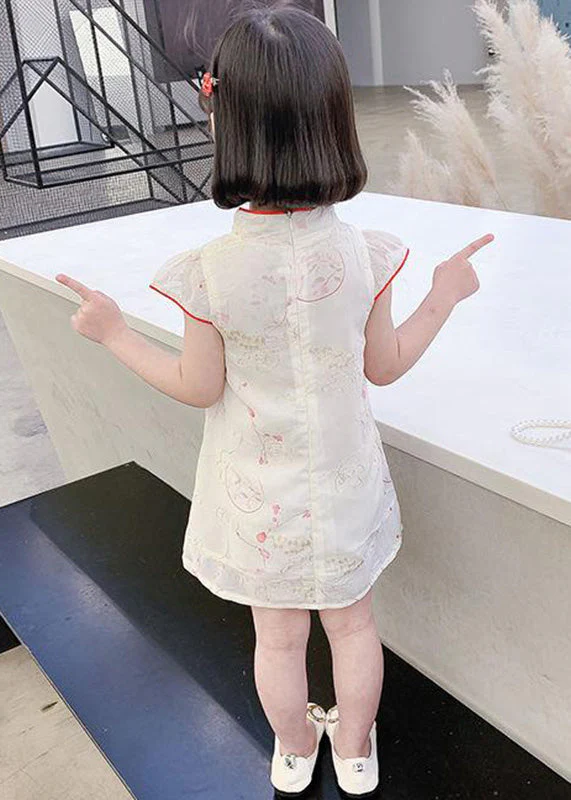 Red Stand Collar Button Silk Kids Mid Dress Summer - Image 4