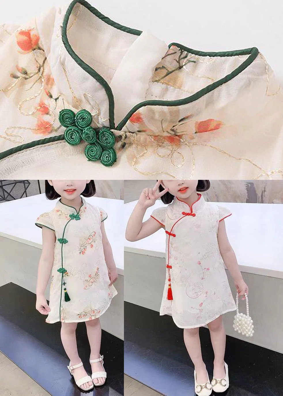 Red Stand Collar Button Silk Kids Mid Dress Summer - Image 5
