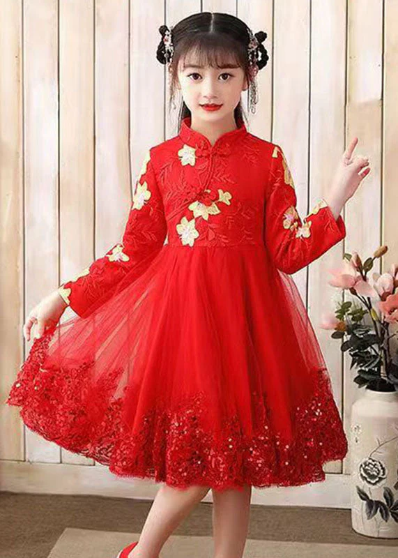Red Stand Collar Sequins Tulle Kids Maxi Dress Long Sleeve - Image 2