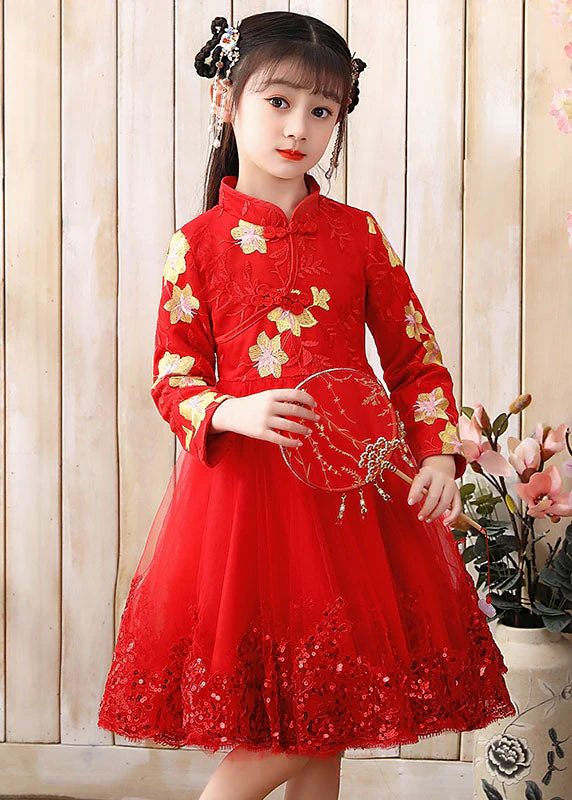 Red Stand Collar Sequins Tulle Kids Maxi Dress Long Sleeve - Image 3