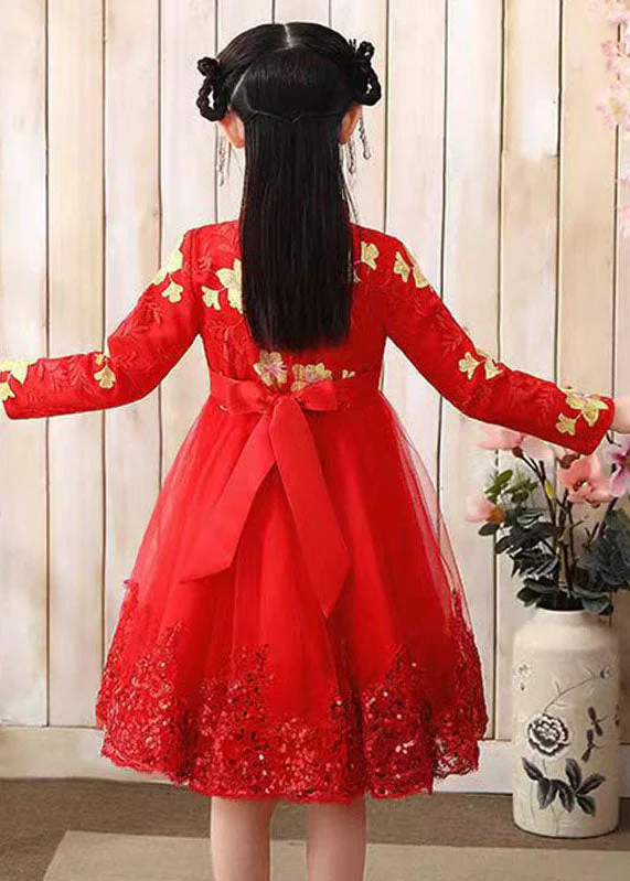Red Stand Collar Sequins Tulle Kids Maxi Dress Long Sleeve - Image 4