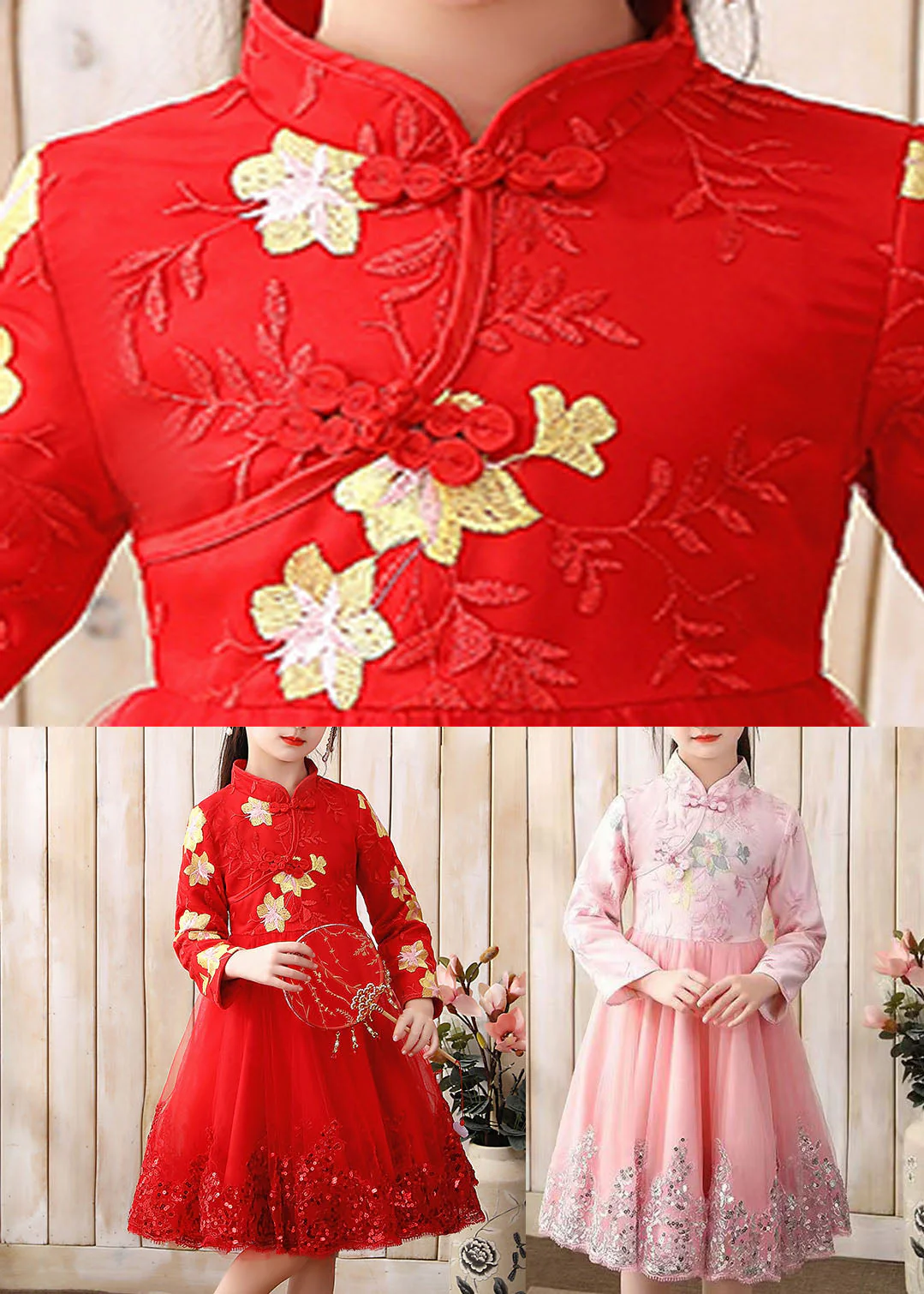 Red Stand Collar Sequins Tulle Kids Maxi Dress Long Sleeve - Image 5