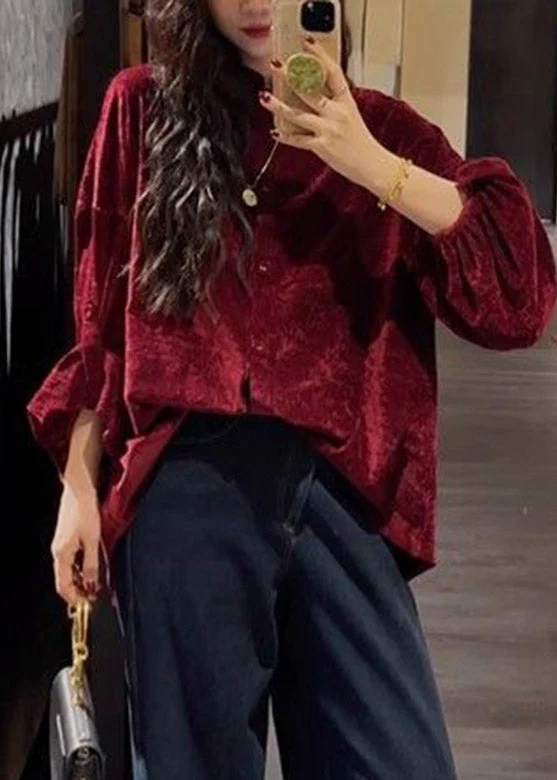 Red Stand Collar Solid Shirt Long Sleeve - Image 2