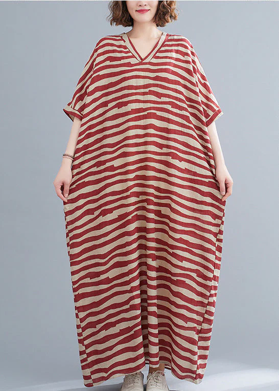 Red Striped Baggy Ankle Dress V Neck Batwing Sleeve - Image 2