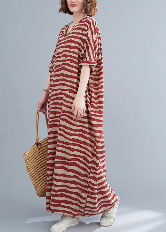 Red Striped Baggy Ankle Dress V Neck Batwing Sleeve - Image 3