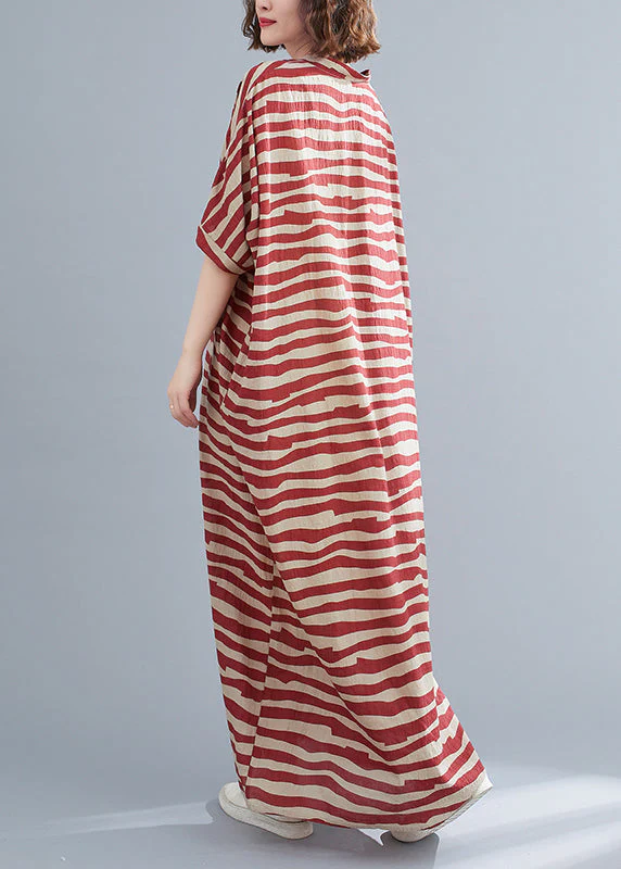 Red Striped Baggy Ankle Dress V Neck Batwing Sleeve - Image 4