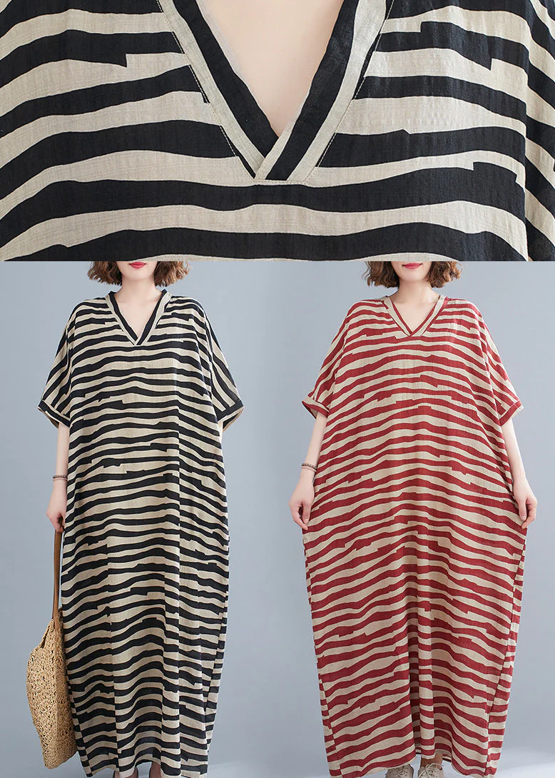Red Striped Baggy Ankle Dress V Neck Batwing Sleeve - Image 5