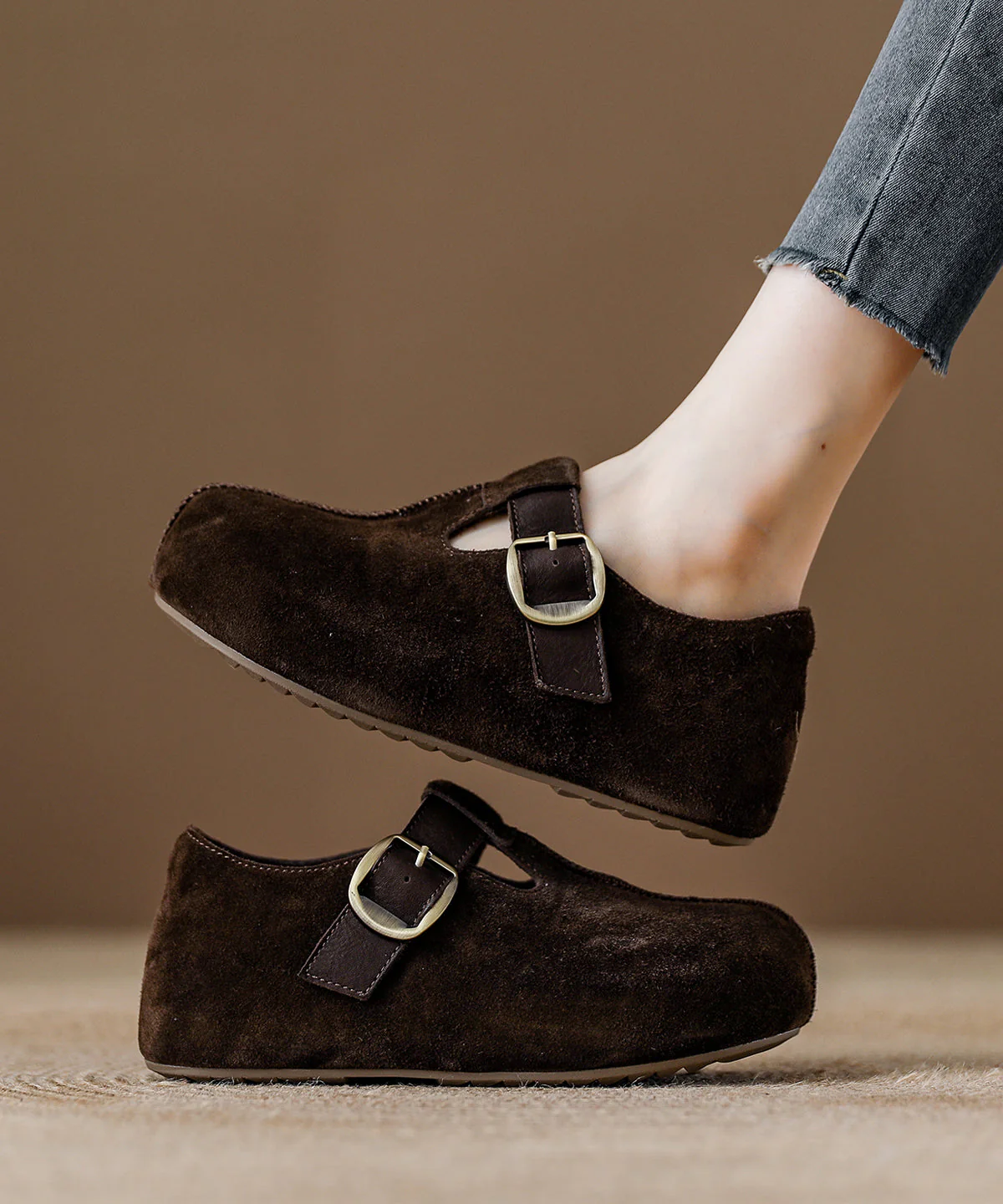 Red Suede Splicing Flat Feet Shoes Fuzzy Wool Lined - Image 2