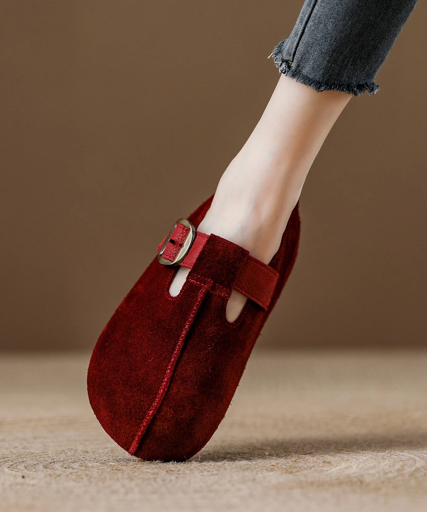 Red Suede Splicing Flat Feet Shoes Fuzzy Wool Lined - Image 3