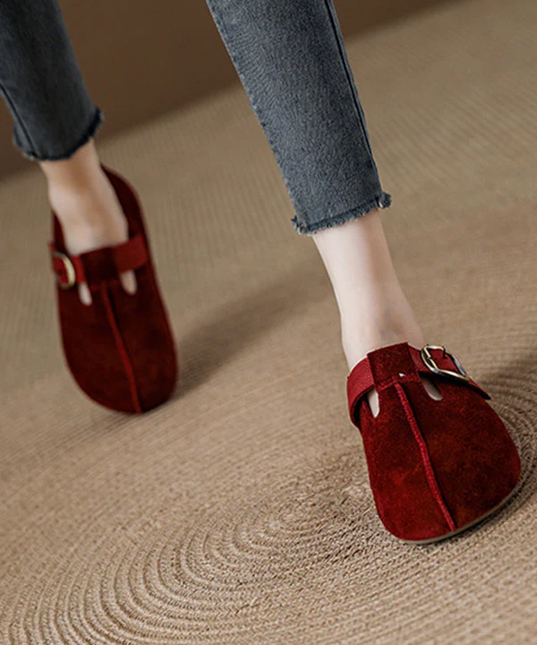 Red Suede Splicing Flat Feet Shoes Fuzzy Wool Lined - Image 5