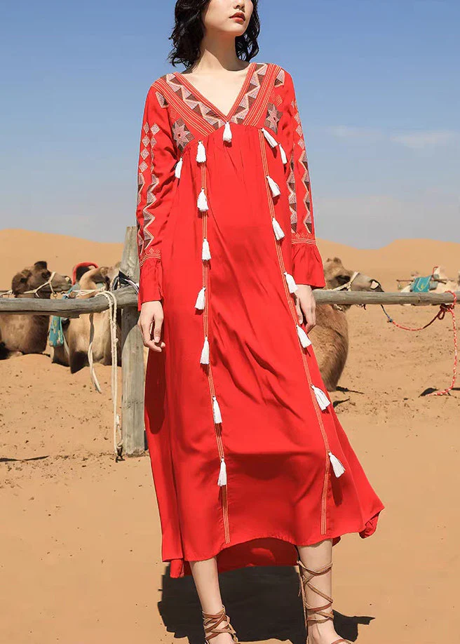 Red Tasseled Patchwork Cotton Fall Long Dress V Neck - Image 2