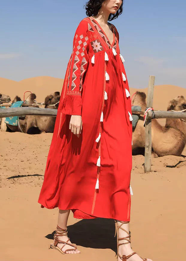 Red Tasseled Patchwork Cotton Fall Long Dress V Neck - Image 3