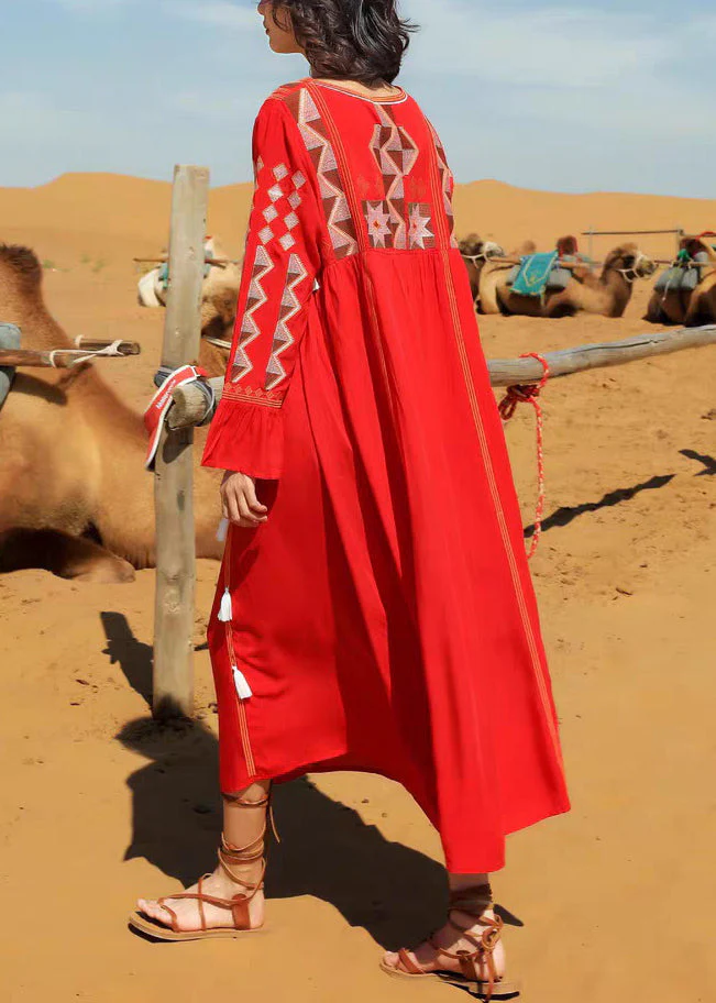 Red Tasseled Patchwork Cotton Fall Long Dress V Neck - Image 4