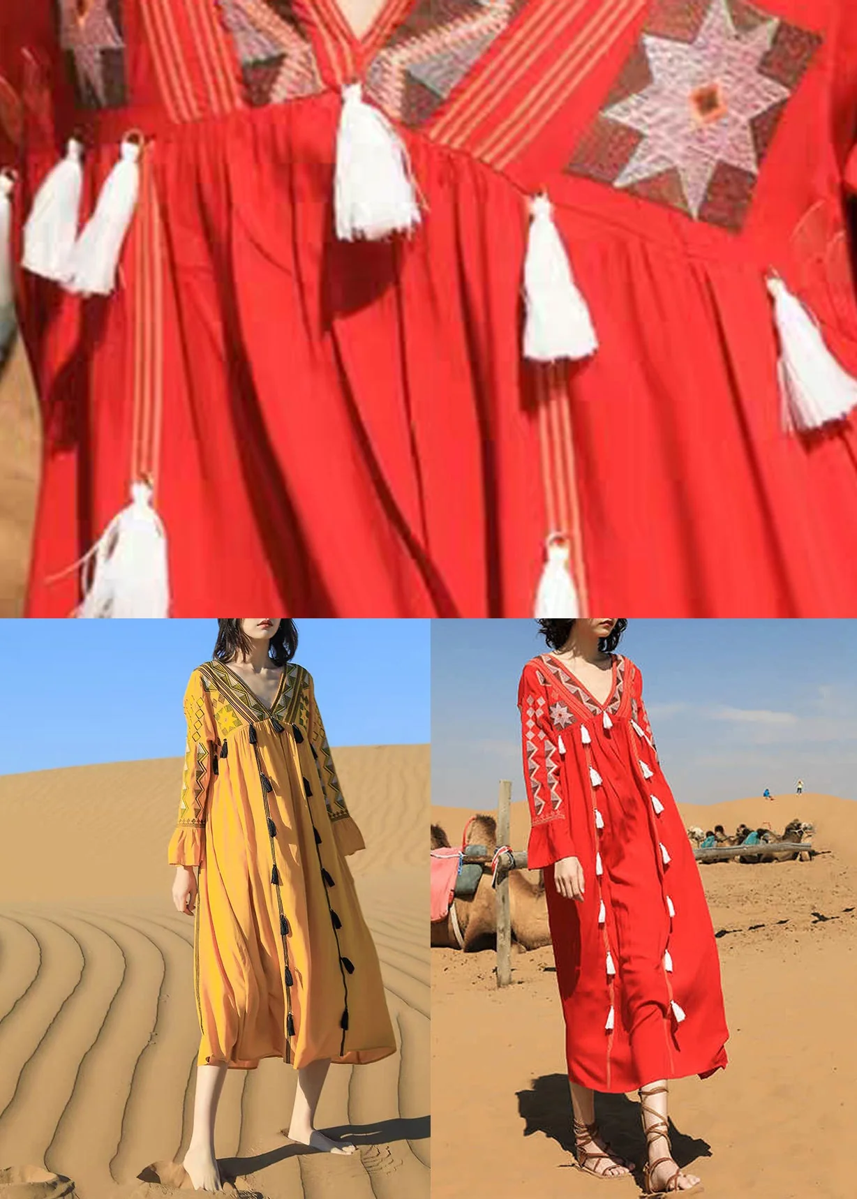 Red Tasseled Patchwork Cotton Fall Long Dress V Neck - Image 5