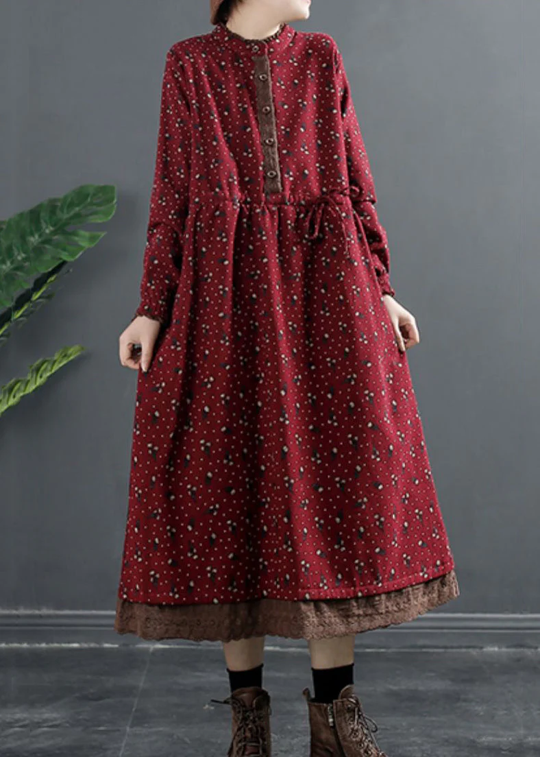 Red Tie Waist Lace Patchwork Fleece Dress O Neck Winter - Image 2