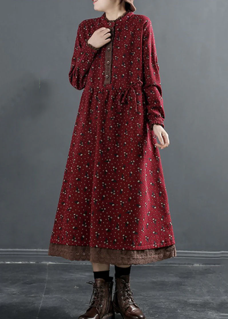 Red Tie Waist Lace Patchwork Fleece Dress O Neck Winter - Image 3