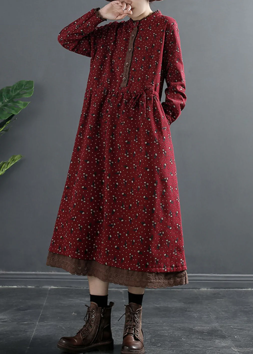 Red Tie Waist Lace Patchwork Fleece Dress O Neck Winter - Image 4
