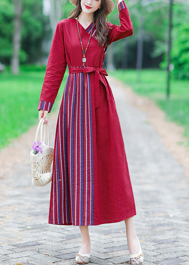 Red Tie Waist Tunic Linen Maxi Dress Long Sleeve - Image 2