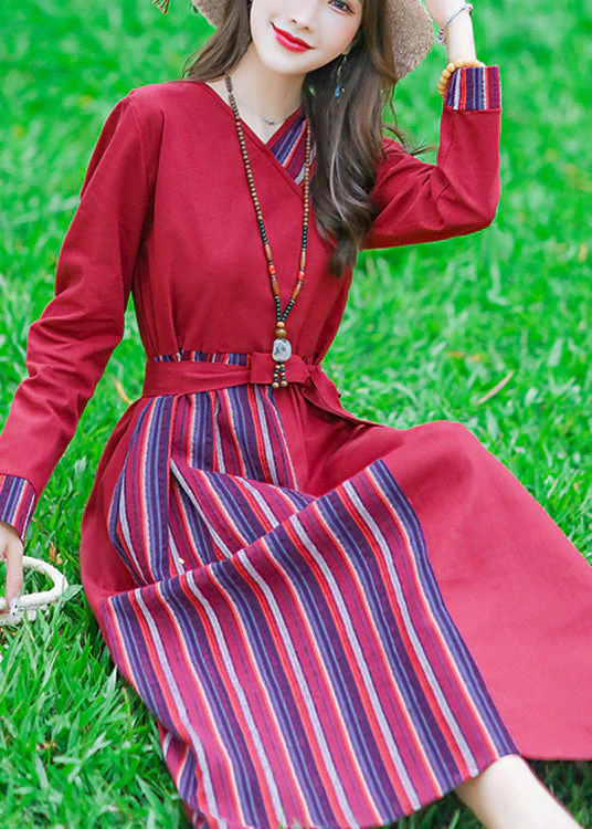 Red Tie Waist Tunic Linen Maxi Dress Long Sleeve - Image 3