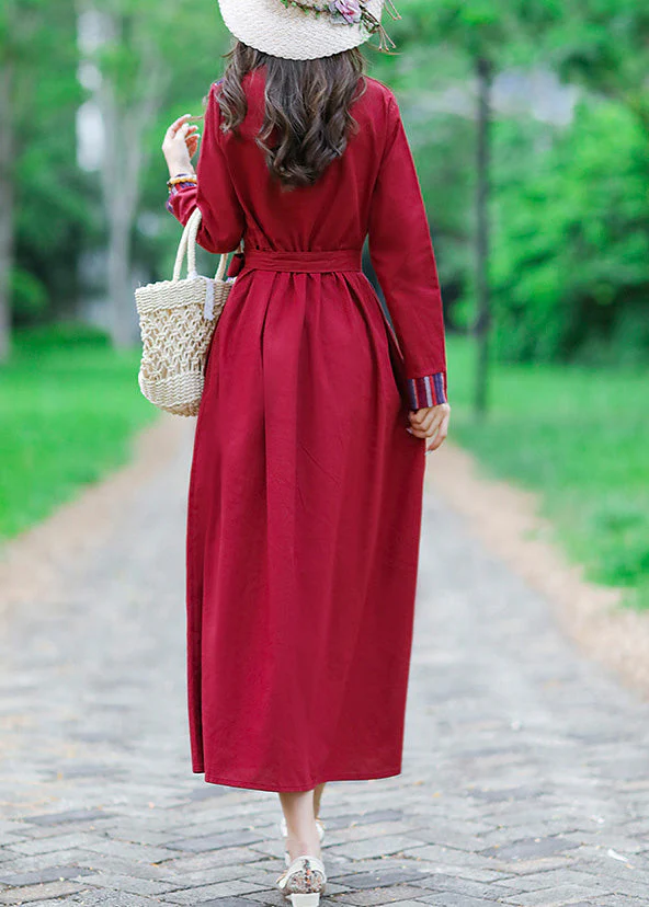 Red Tie Waist Tunic Linen Maxi Dress Long Sleeve - Image 4