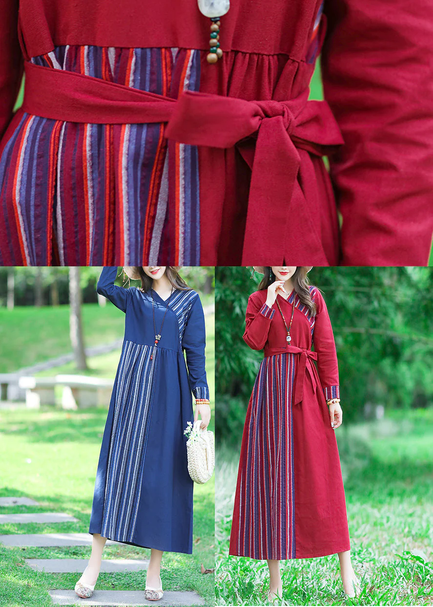 Red Tie Waist Tunic Linen Maxi Dress Long Sleeve - Image 5