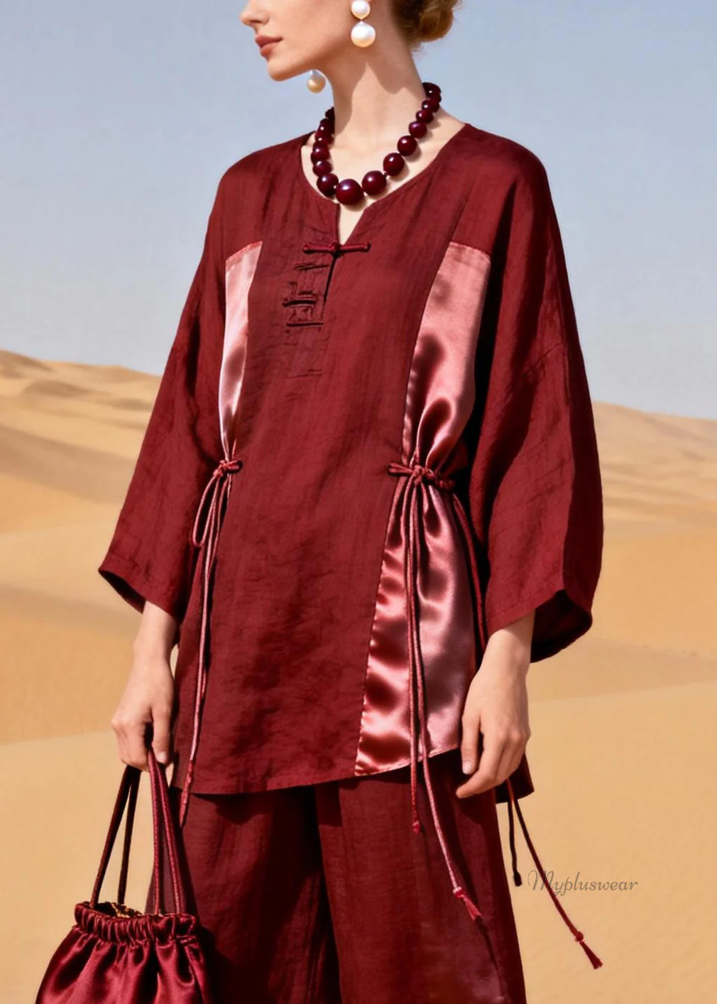 Red Tops And Crop pants Patchwork Silk Linen Two Pieces Set Drawstring Spring - Image 2