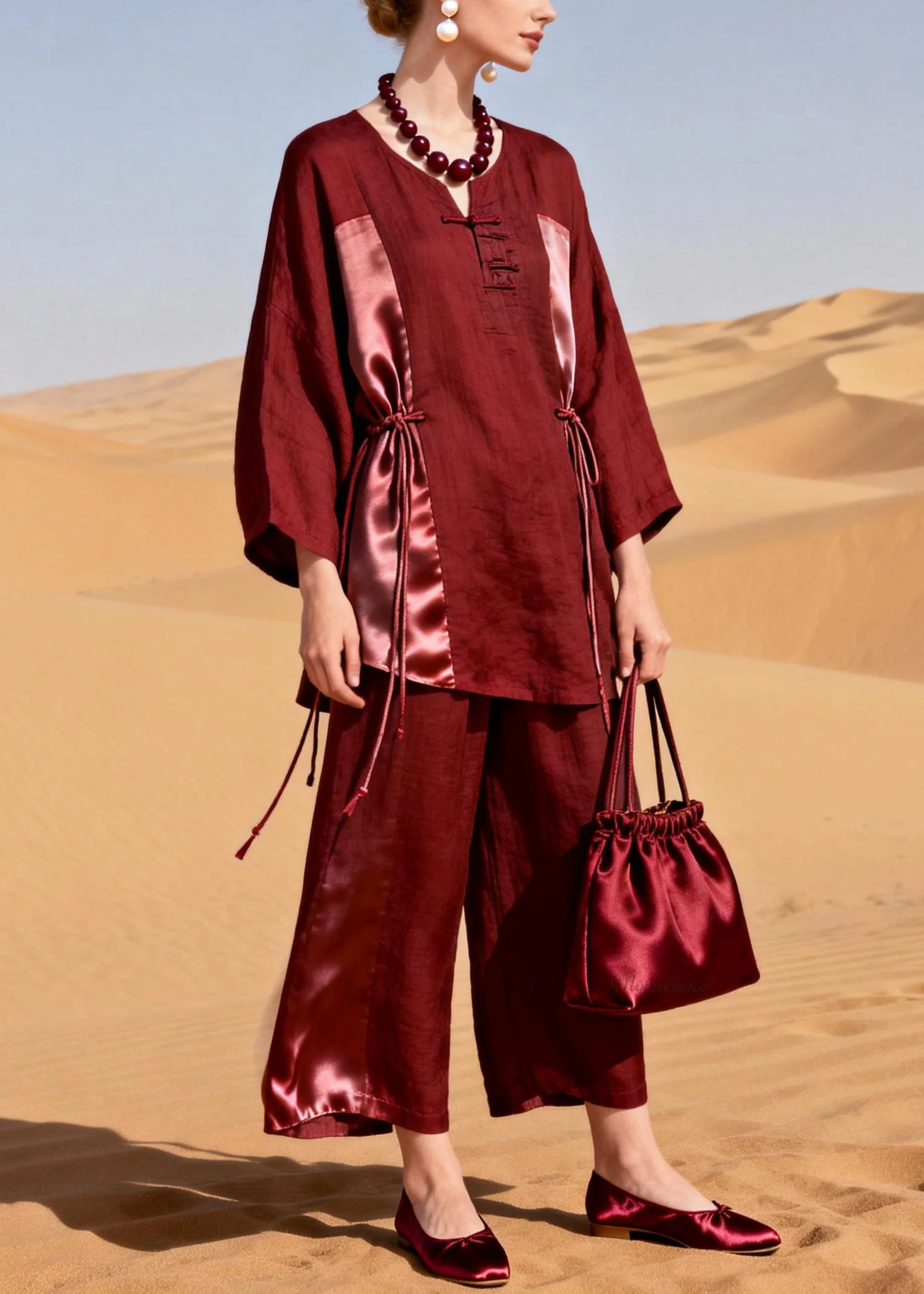 Red Tops And Crop pants Patchwork Silk Linen Two Pieces Set Drawstring Spring - Image 3