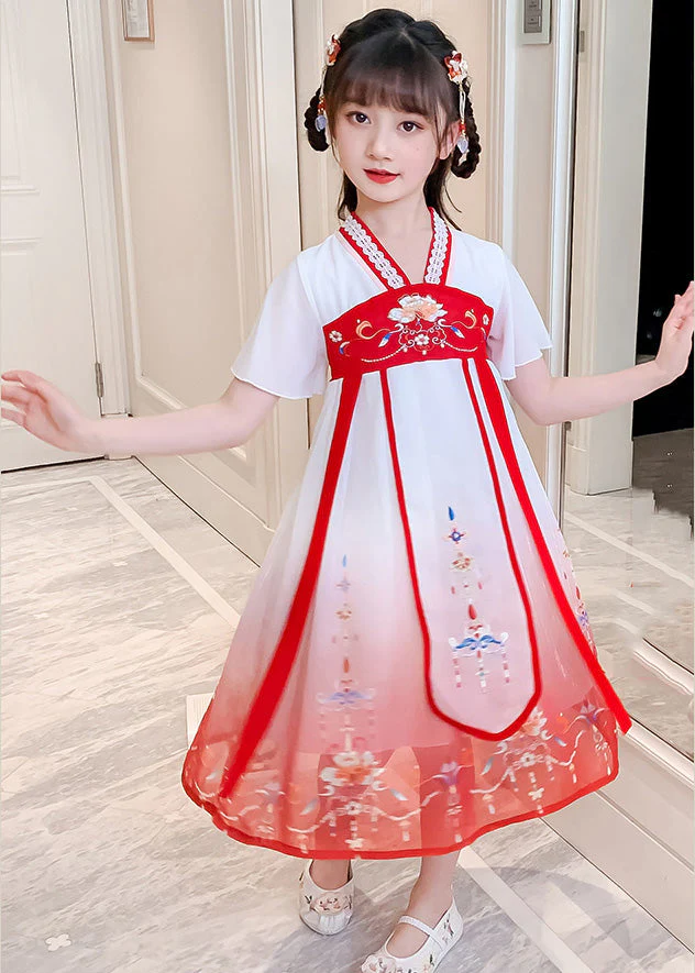 Red V Neck Lace Patchwork Tulle Kids Holiday Maxi Dress Short Sleeve - Image 2