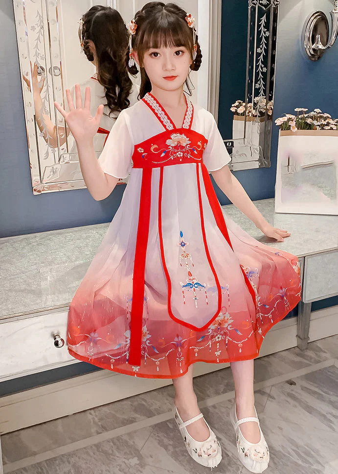 Red V Neck Lace Patchwork Tulle Kids Holiday Maxi Dress Short Sleeve - Image 3