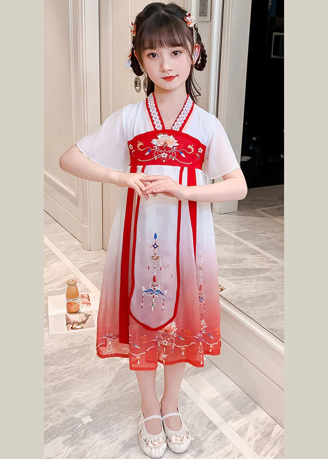 Red V Neck Lace Patchwork Tulle Kids Holiday Maxi Dress Short Sleeve - Image 4
