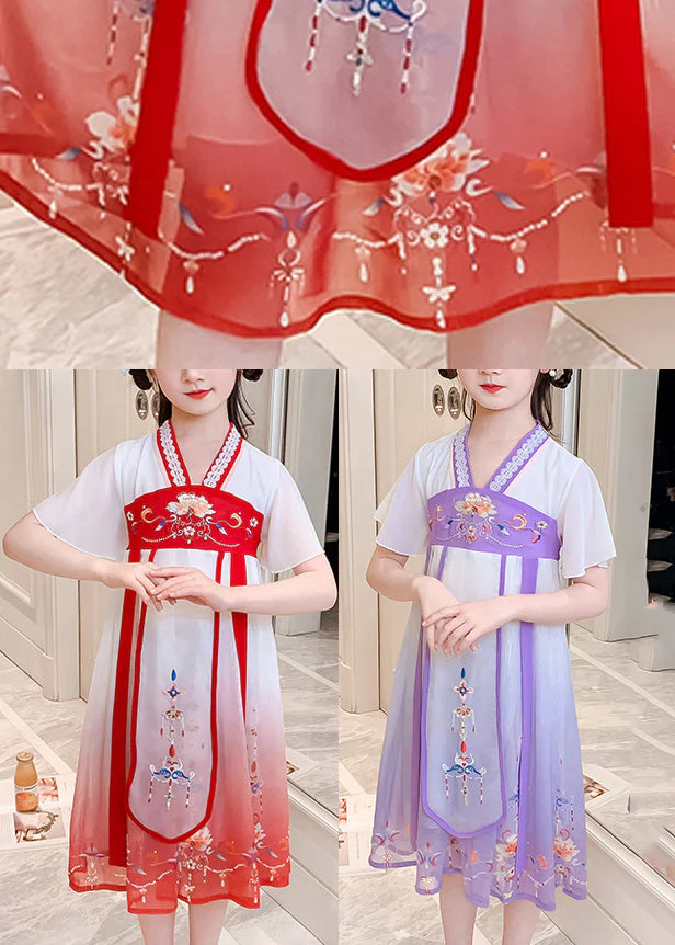 Red V Neck Lace Patchwork Tulle Kids Holiday Maxi Dress Short Sleeve - Image 5