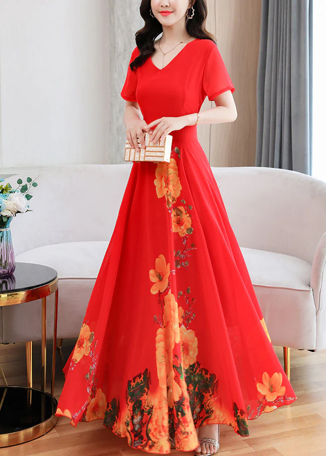 Red V Neck Slim Long Beach Dress Short Sleeve - Image 2