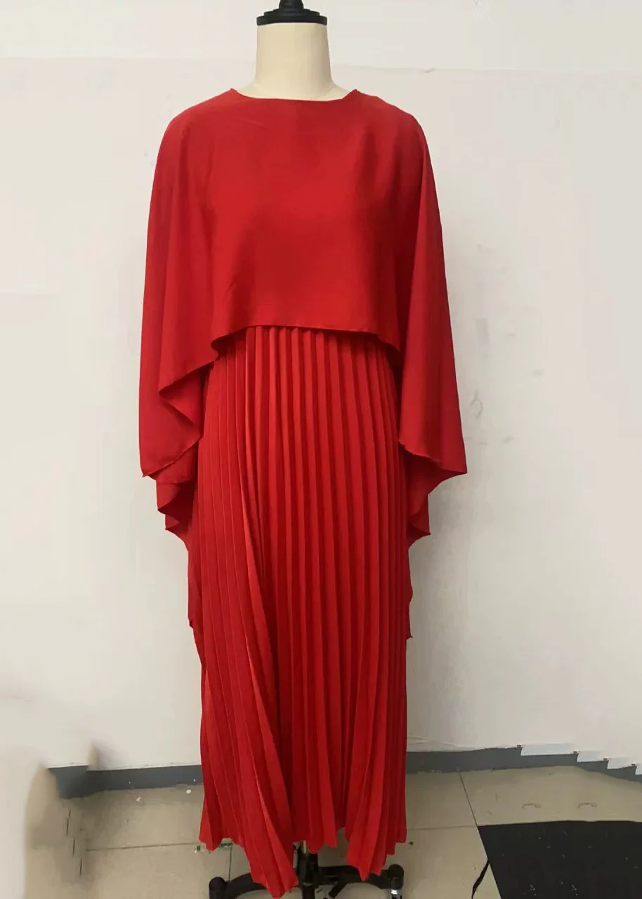 Red Wrinkled Long Dress Batwing Sleeve - Image 4