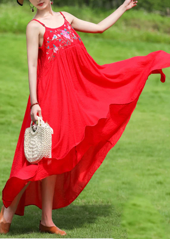 Red Wrinkled Patchwork Cotton Spaghetti Strap Dress Embroideried Sleeveless - Image 3