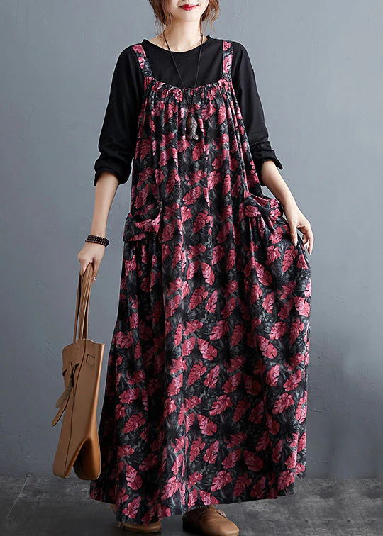 Red Wrinkled Patchwork Cotton Spaghetti Strap Long Dresses Sleeveless - Image 3