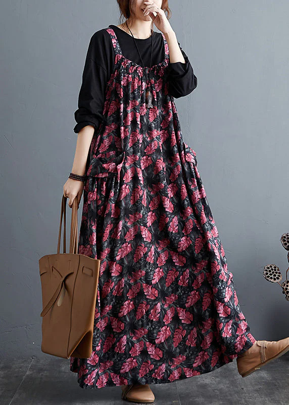 Red Wrinkled Patchwork Cotton Spaghetti Strap Long Dresses Sleeveless - Image 4
