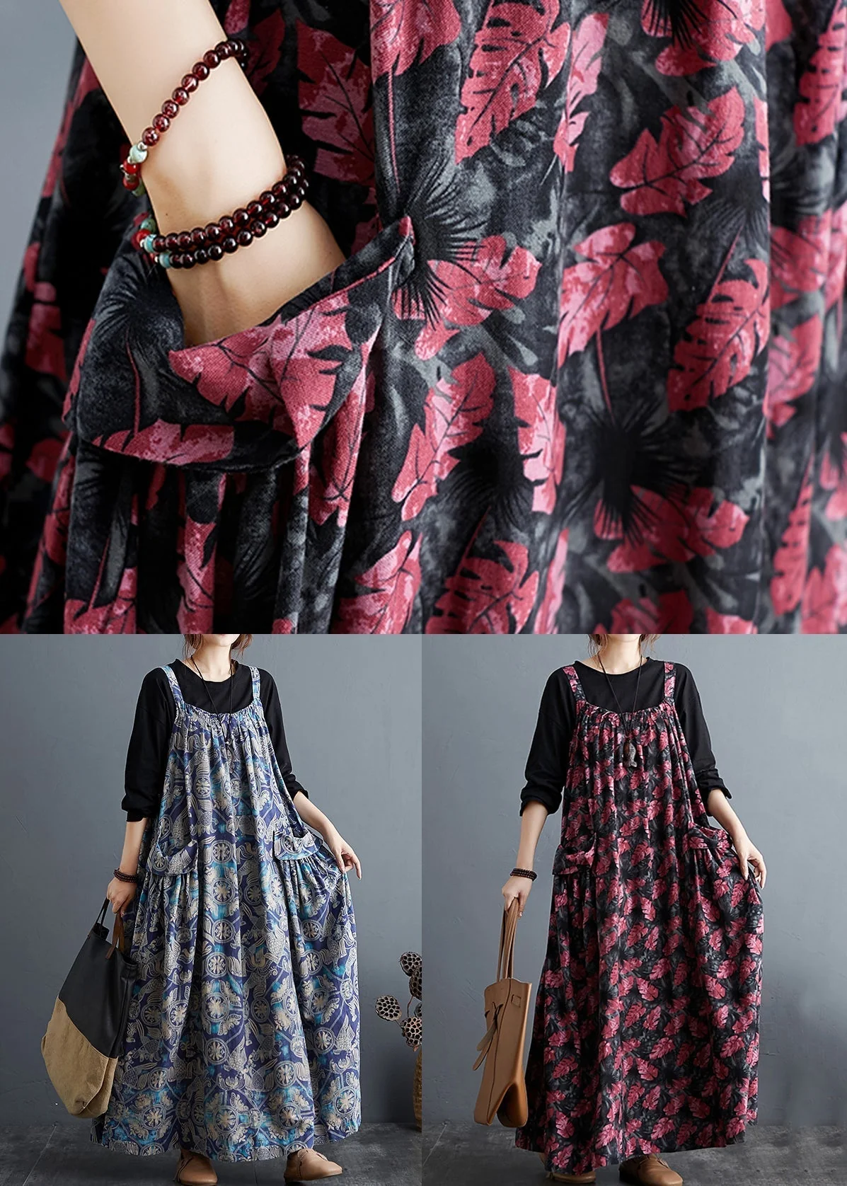Red Wrinkled Patchwork Cotton Spaghetti Strap Long Dresses Sleeveless - Image 5