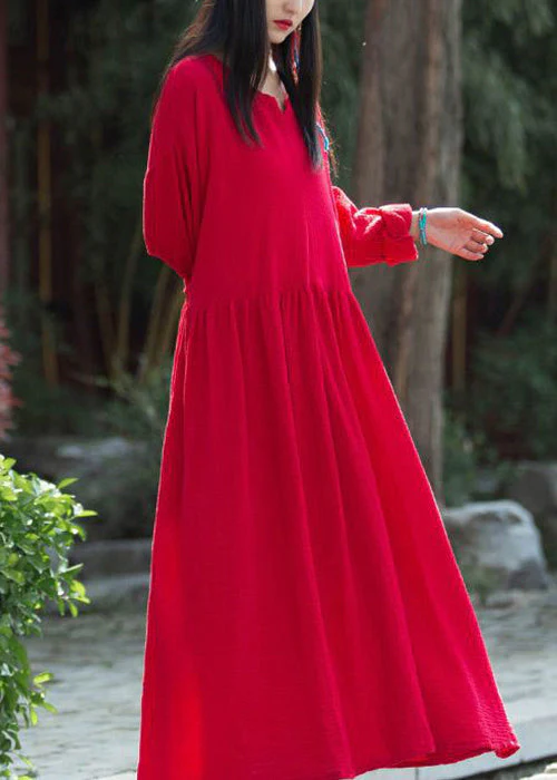 Red Wrinkled Patchwork Linen Dress V Neck Long Sleeve - Image 2