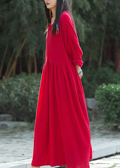 Red Wrinkled Patchwork Linen Dress V Neck Long Sleeve - Image 3