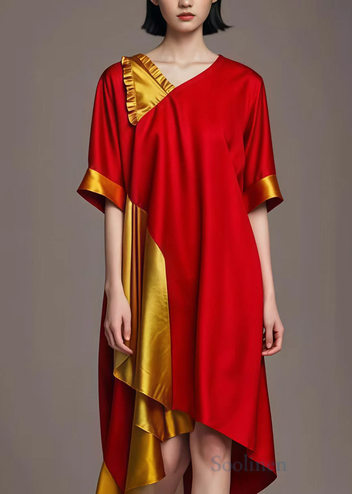 Red Yellow Patchwork Cotton Long Dresses Asymmetrical Summer - Image 2