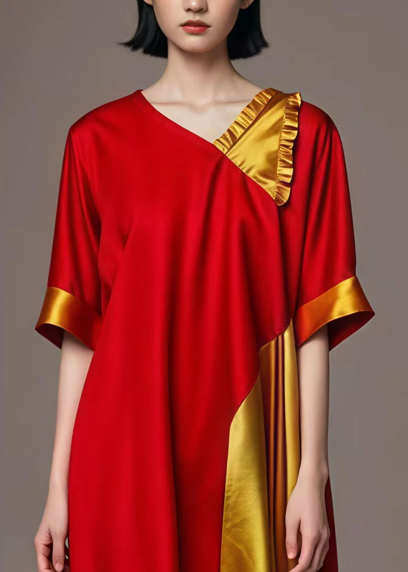 Red Yellow Patchwork Cotton Long Dresses Asymmetrical Summer - Image 3