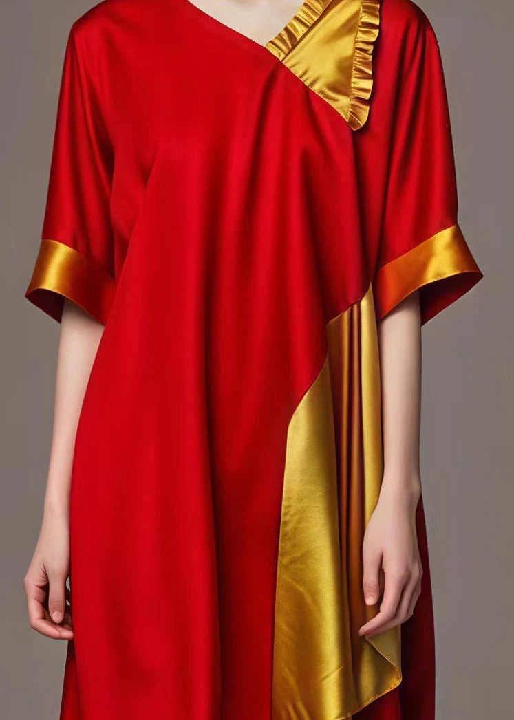 Red Yellow Patchwork Cotton Long Dresses Asymmetrical Summer - Image 4