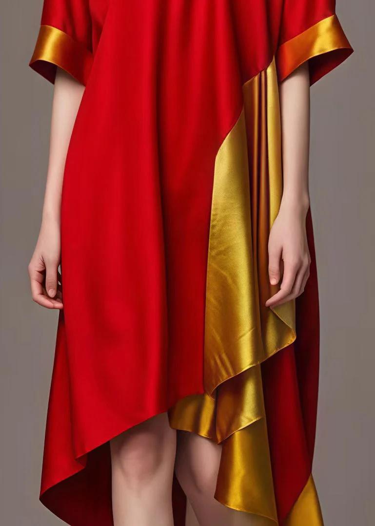 Red Yellow Patchwork Cotton Long Dresses Asymmetrical Summer - Image 5